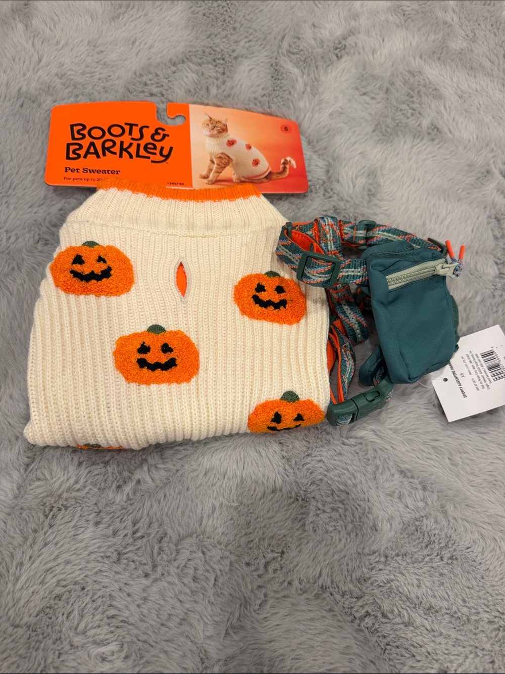 Boots & Barkley Cream Knit Bib with Orange Pumpkin Motifs